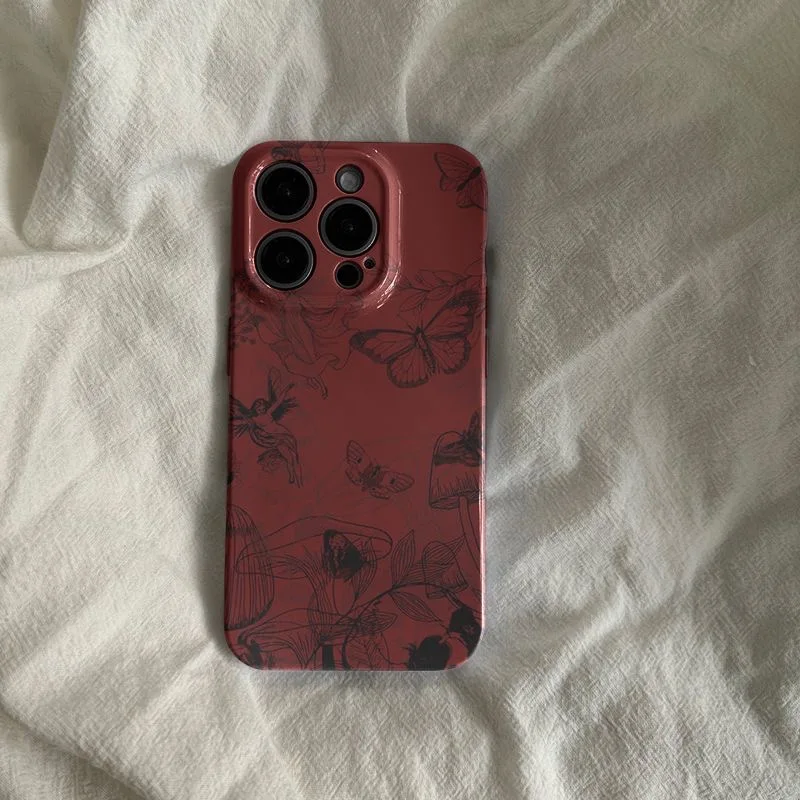 Ins şarap kırmızı kelebek yüksek kaliteli PC durumda IPhone 16 15 14 13 Pro Max geri telefon kapak için 12 Mini 11 Pro Max XR telefon kılıfı