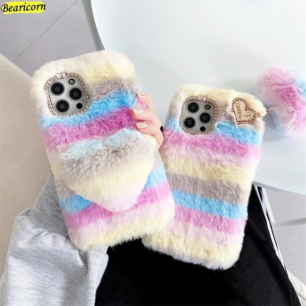 Soft Plush Phone Case For Xiaomi Redmi Note 4 4X 5 5A 6 7 8 9 10 Pro Max 8T 9S 9T 10S 10T Rainbow Furry Warm Fur Hairy Cover