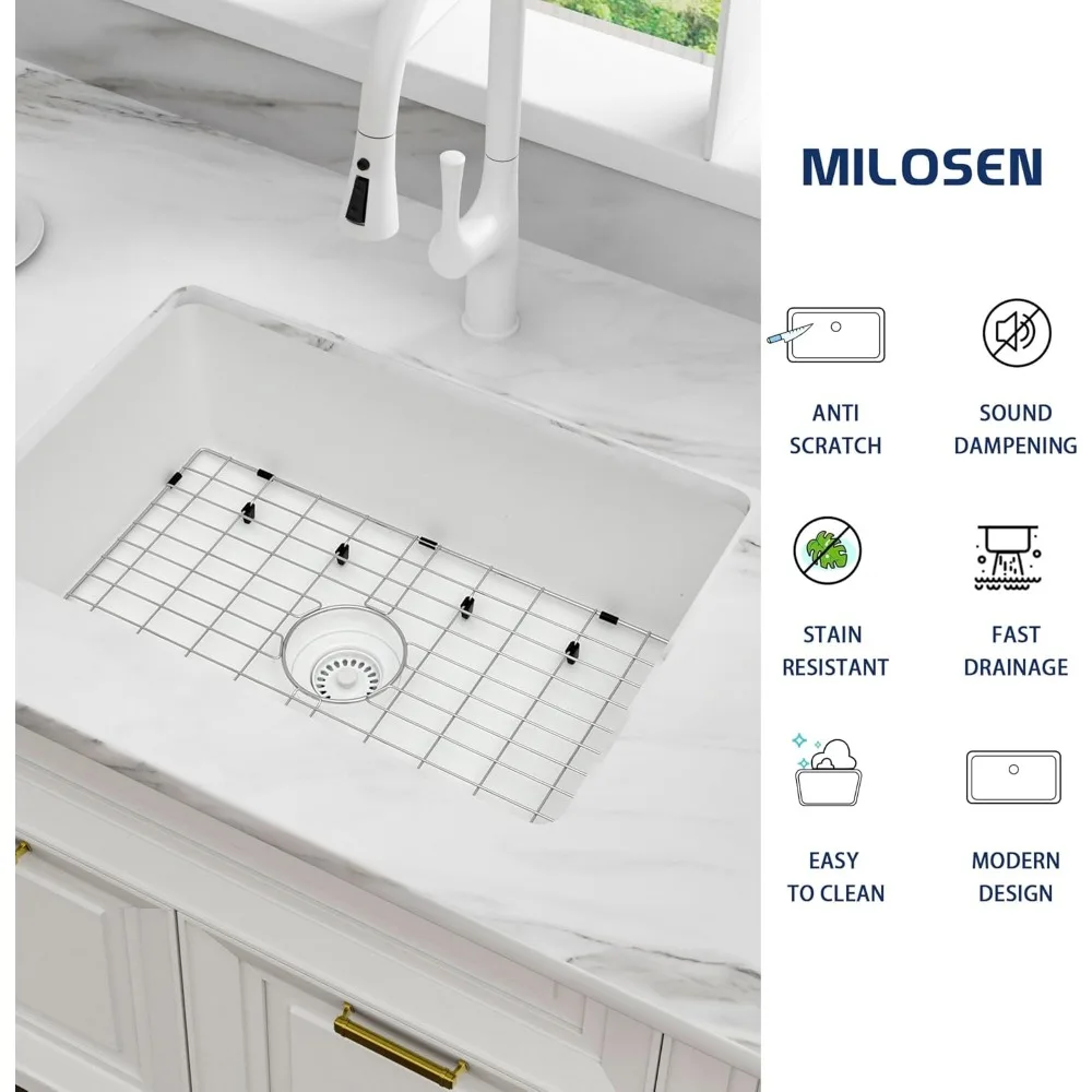 MILOSEN Pia de cozinha sob montagem compuesta de granito de tigela única de 31 x 18 polegadas com profundidade de 9 polegadas e grande capacidade