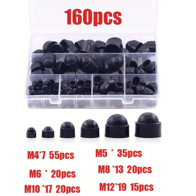 160pcs Nylon Nut and Bolt Cap Set in Multiple Sizes - Hexagonal Dome Caps, Screw Cap Protectors, Fastener Mounts