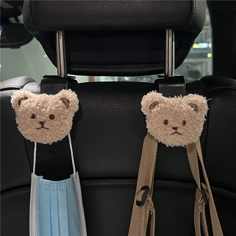 2PCS Cute Cartoon Bear Car Seat Back Hooks Storage Vehicle Headrest Organizer Hanger for Groceries Bag Handbag Car Decoration