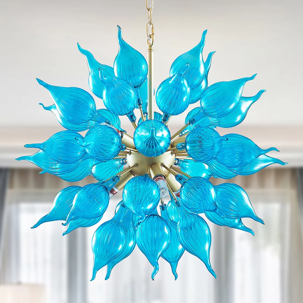 

Longree Art Deco Glass Chandeliers Blue LED Chain Pendant Lamp for Bedroom Dining Room Home Light