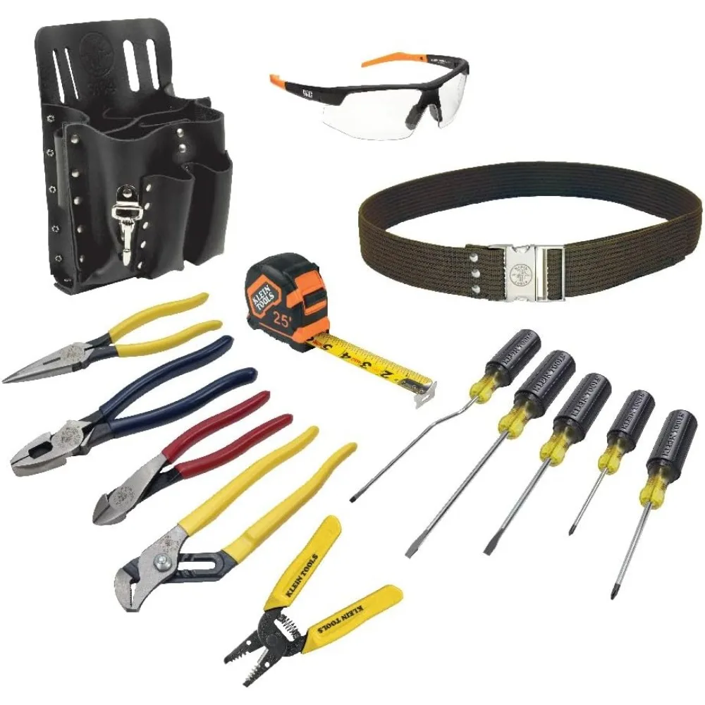 

Набор инструментов для электрика Klein Tools 80014 с ручными инструментами Klein и защитой глаз, поставляется в кожаном чехле для инструментов с 8 карманами, 14 предметов