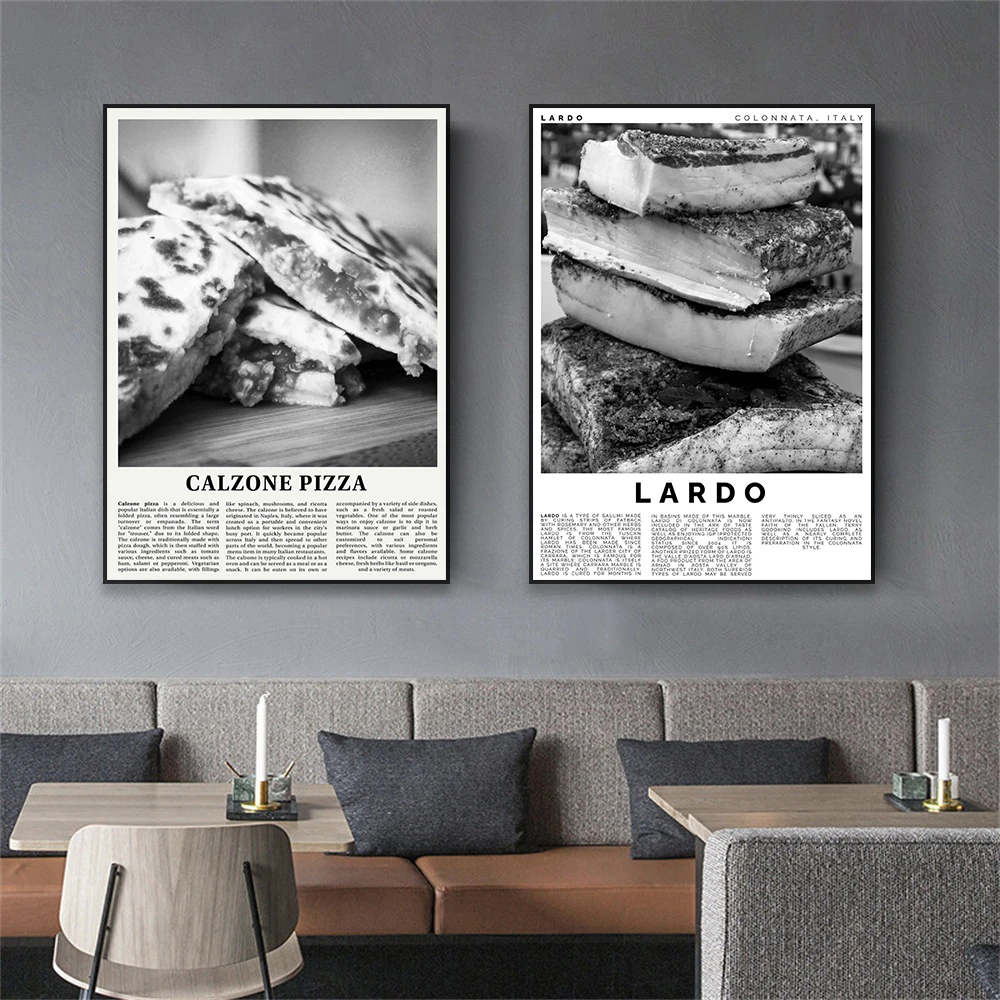 Vintage Calzone Pizza Poster Canvas Painting Lardo Black and White   Prints Kitchen Meat Food Wall Art Home Dinning Room Decor