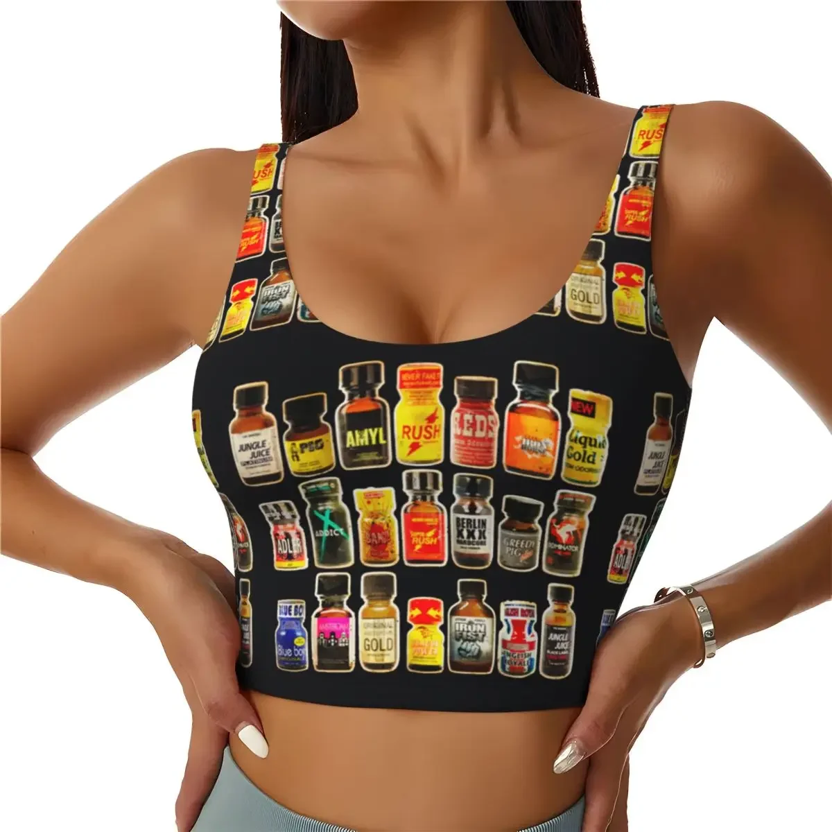 Custom Poppers Bottles Gay Rush Jungle Juice Amyl Inhaler Women Sports Bras High Impact Vest Gym Workout Yoga Crop Tank Tops