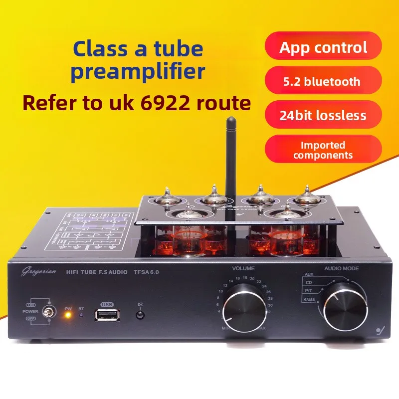 6922 Tube Line Preamplifier Bluetooth 5.2 6N2×3 6K4×3 Vacuum Tube HIFI Preamp for Vinyl Turntable USB Music Playbac