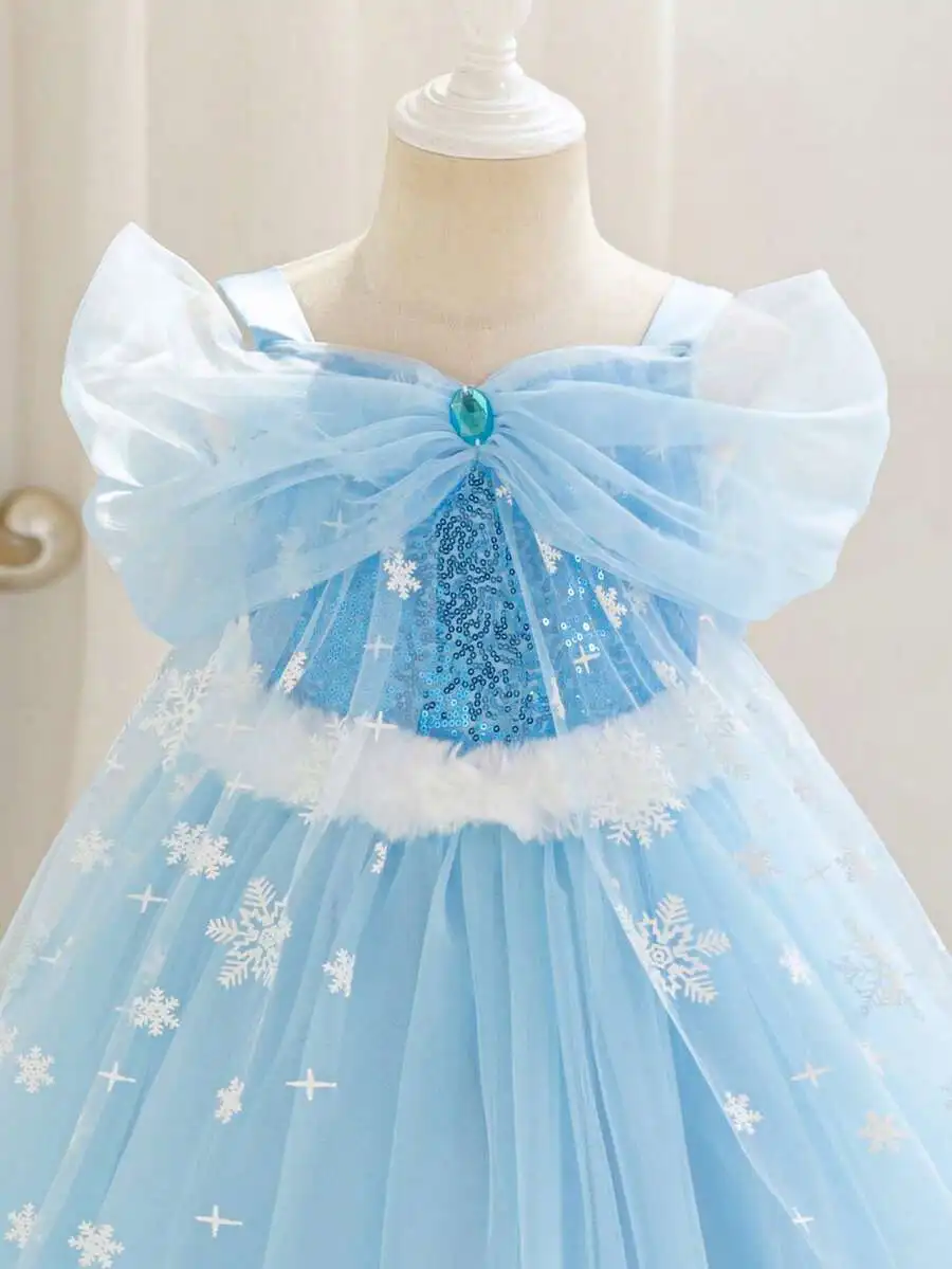 

Blue Snowflake Sequin Tulle Ball Gown With Bow And Faux Fur Trim Formal Evening Dress