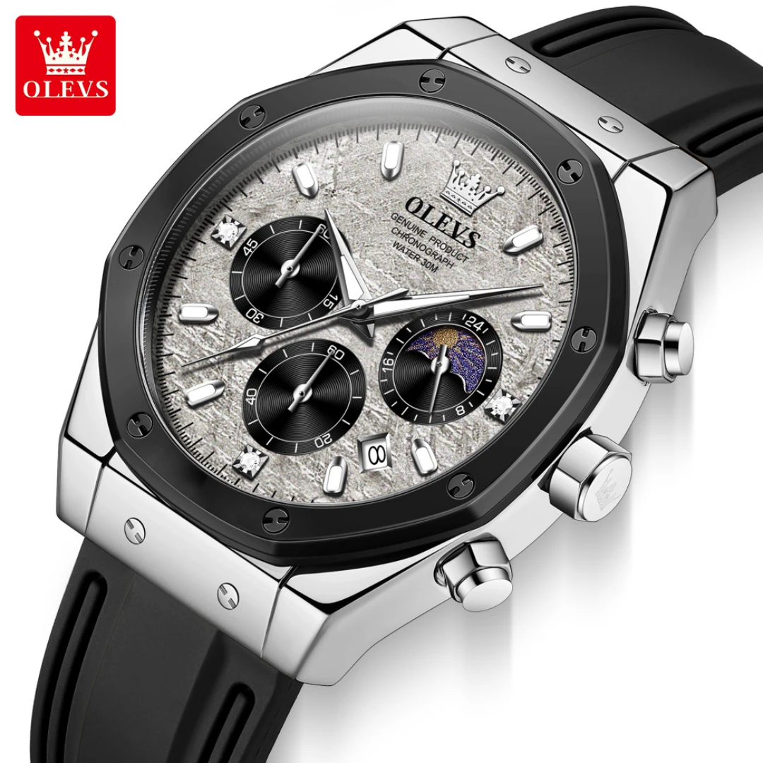 

OLEVS 9911, кварцевые спортивные часы, подарок, силиконовый ремешок с круглым циферблатом, наручные часы с фазой Луны, календарь, светящийся таймер