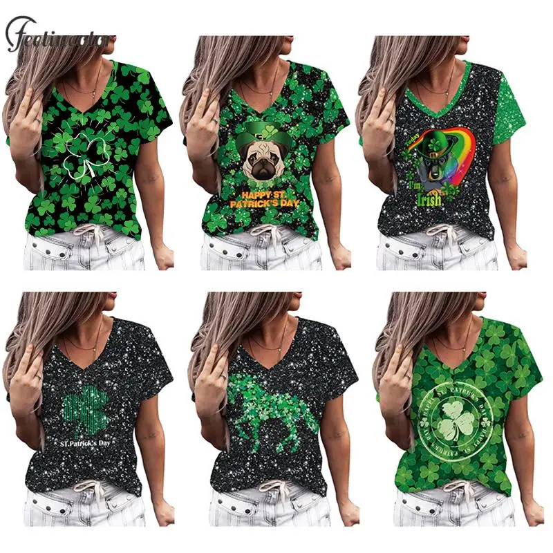 Lucky T-Shirt for Women Short Sleeved Shirt Independence Day Top V Neck Green Tees Casual Streetwear 3D Printing Female Clothes