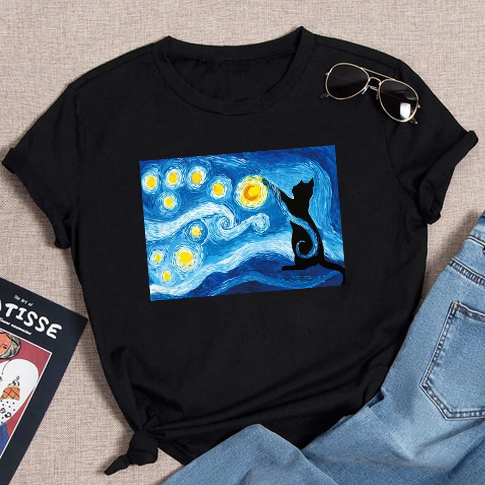 Starry Night Van Gogh Cat T-Shirt Cat-Lover Aesthetic Clothes Y2k Art Tops Graphic Tee Tops 2023 New Short Sleeve Blouses Gifts