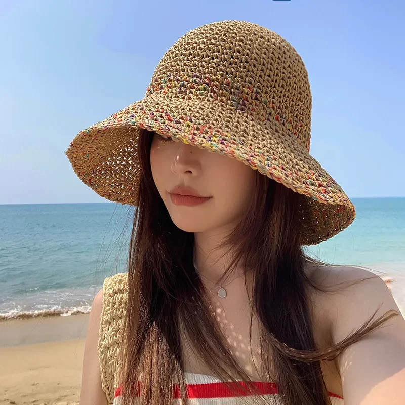 Women Straw Hat Hand Made Braided Women's Big Head Cap Fisherman's Cap Protection Sun Hat Foldable Roll Up Cap Bucket Hat Travel