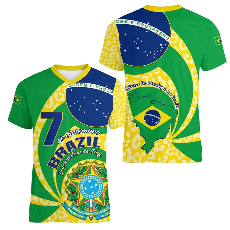BRAZIL Men's T-Shirt Summer Short Sleeve Brazilian BR National Emblem Flag 3D Print Fashion V Neck GYM Tees Tops Men's Clothing