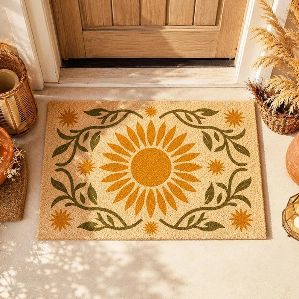 Boho Sunflower Floral Doormat Mustard Yellow Sun Entryway Welcome Mat Botanical Hallway Coconut Rug Durable Easy Clean Carpet