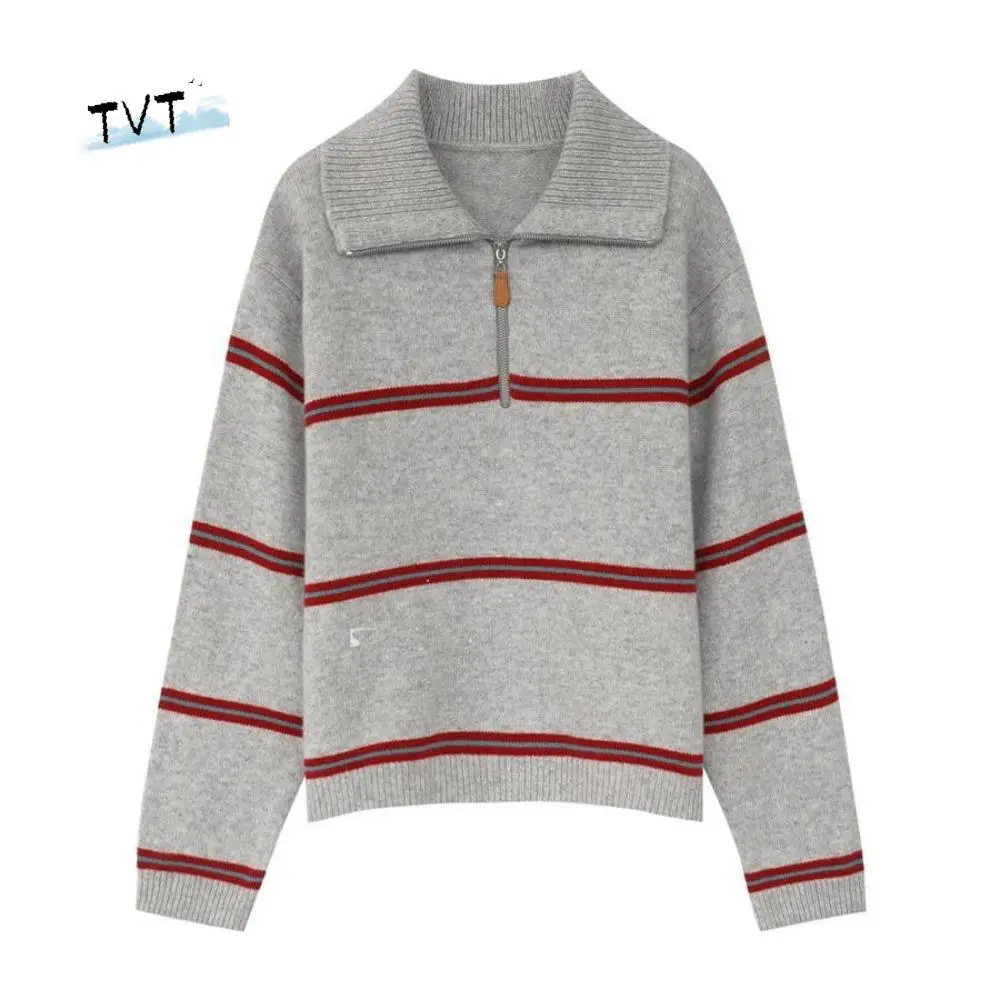 

Korean Style Long Sleeve Knit Stripe Hoodie Autumn Loose Crochet Knitwear Casual Women Top Sweet Girl's Pullover Girl