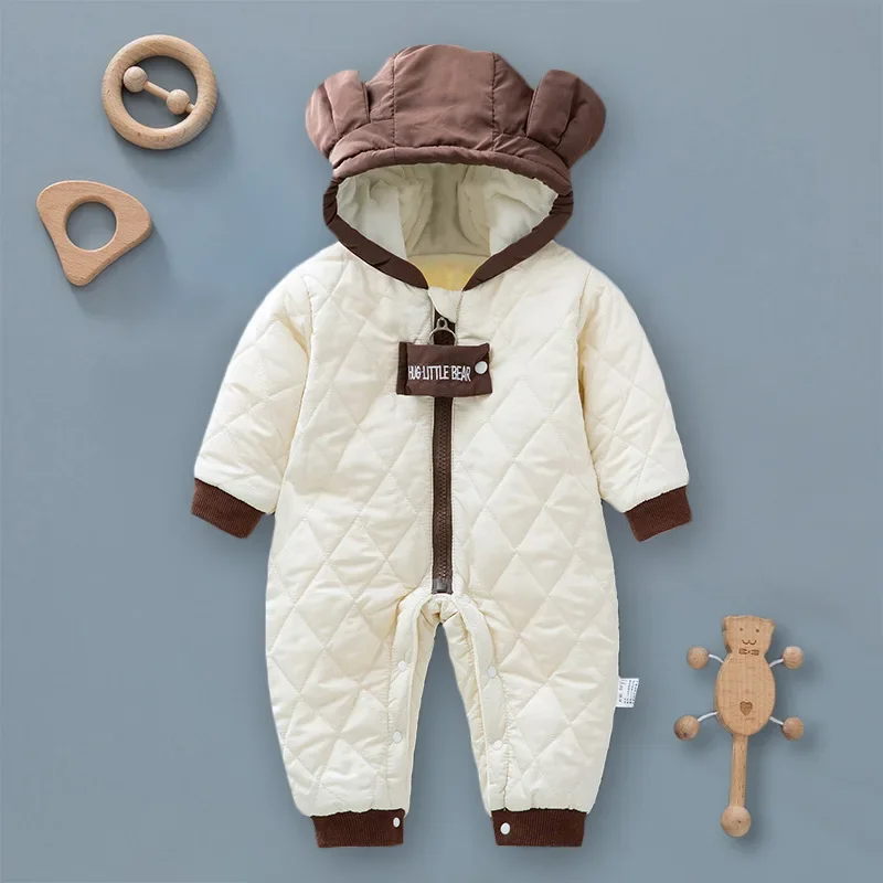 2024 Winter Newborn Baby Romper Infant Girls Cartoon Bear Thicken Cotton Jumpsuit Fleece Lining Hooded Rompers for Toddler Boys