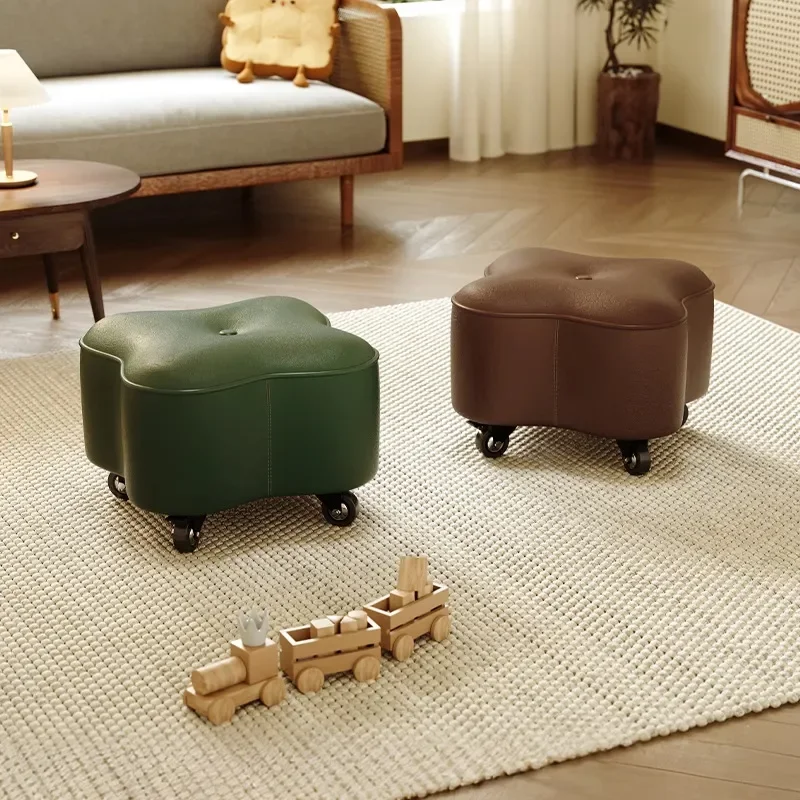 Universal Wheel Small Stool Household Solid Wood Low Stool Living Room Silent With Pulley Leather Pier Stool New Coffee Table