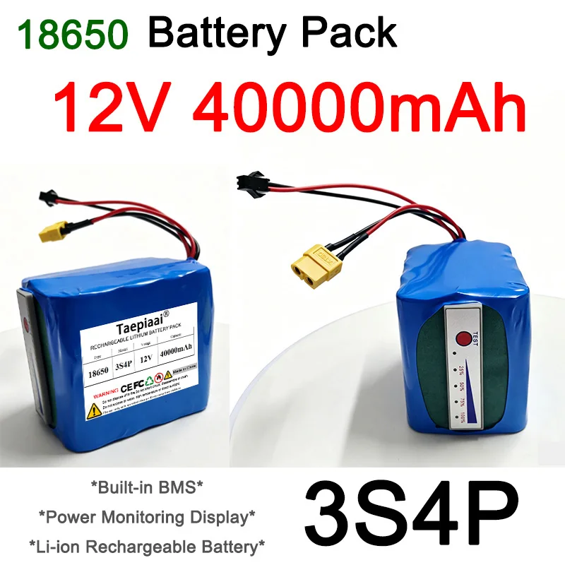 12V 40000mAh Battery Pack 3S4P Lithium-ion 18650 Rechargeable Durable With Power Monitoring Display&BMS&Charger 12 Connectors
