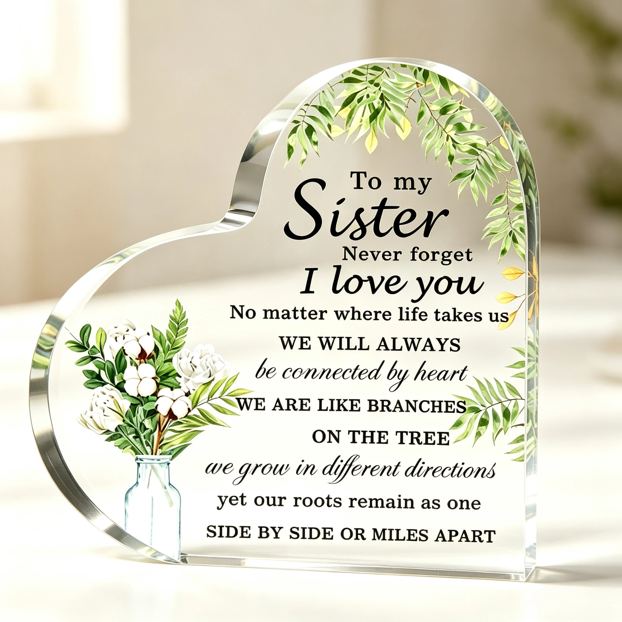 Green Foliage Cotton Flower Heart Acrylic Stand, Heartfelt Sister Bond Quote Table Ornament