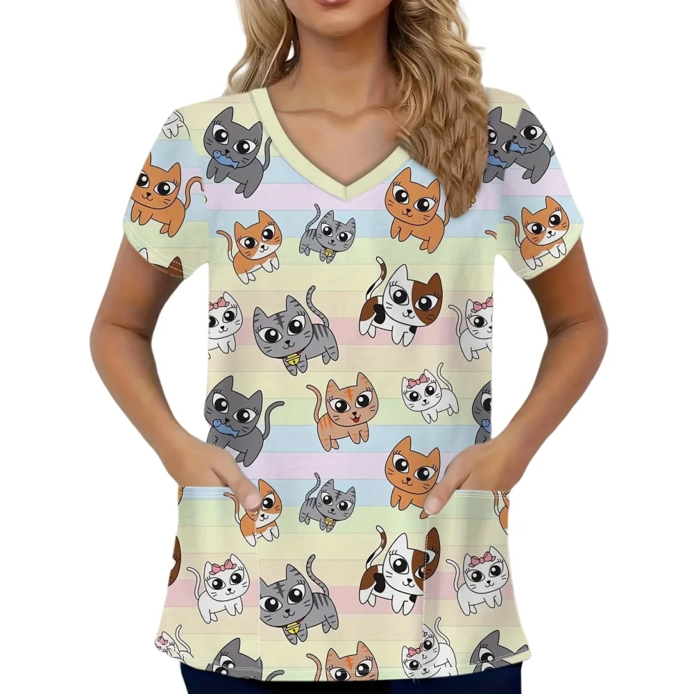 Leuke Kat Print Klinisch Uniform Vrouw Zomer Mode V-hals Scrubs Vrouw Casual Korte Mouw met Pocket Top Verpleegster Uniform Vrouw