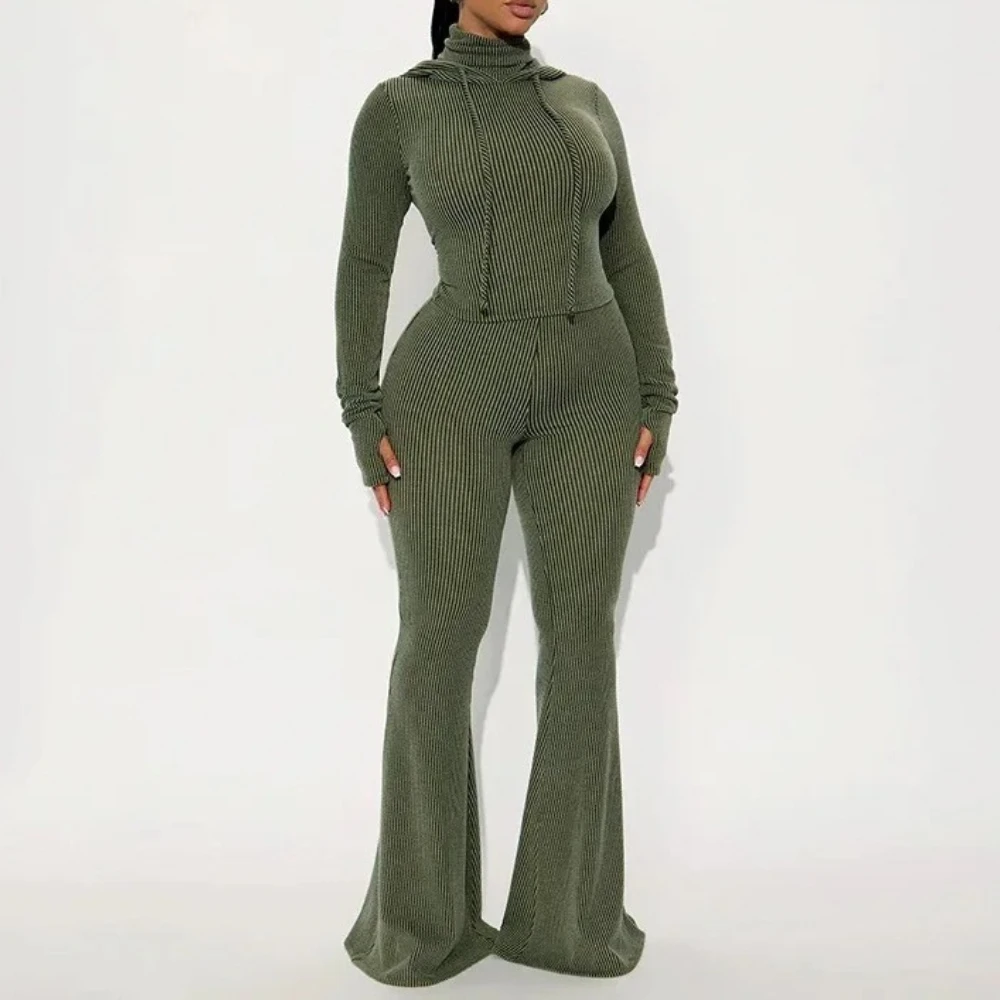 

Ребристый комплект из 2 предметов, модные водолазки с длинными рукавами и капюшоном на шнурке + брюки-клеш с высокой талией, костюм, женские однотонные спортивные костюмы