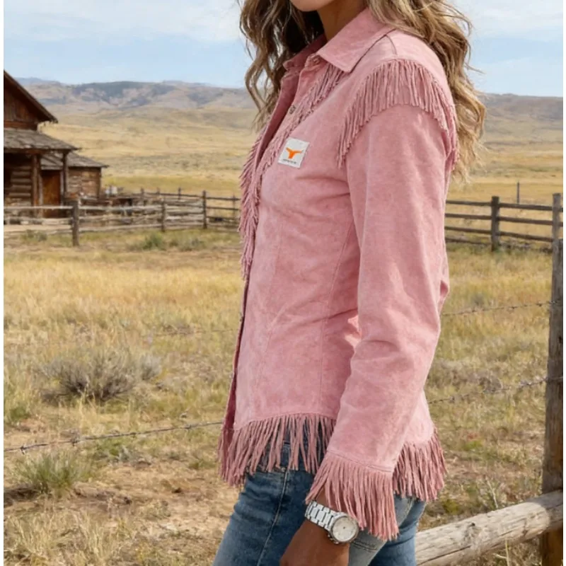 

2025 New Arrival Fit Long Sleeve Shirt Blouse Suede Tassel Trim Long Sleeve Shirt Fashion Blouse