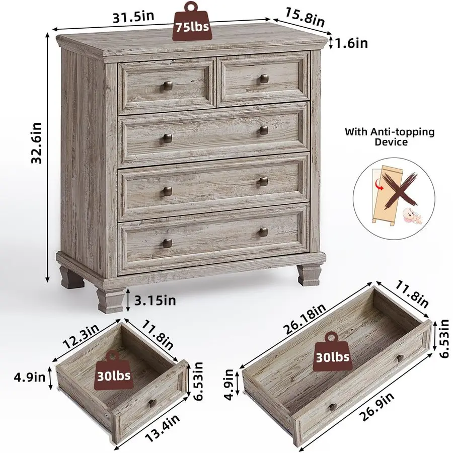 寝室用5段引き出し付きドレッサー、高さ33インチのヴィンテージ木製チェスト、素朴な小さなドレッサー、正方形の木製脚付き、ミッドセンチュリー