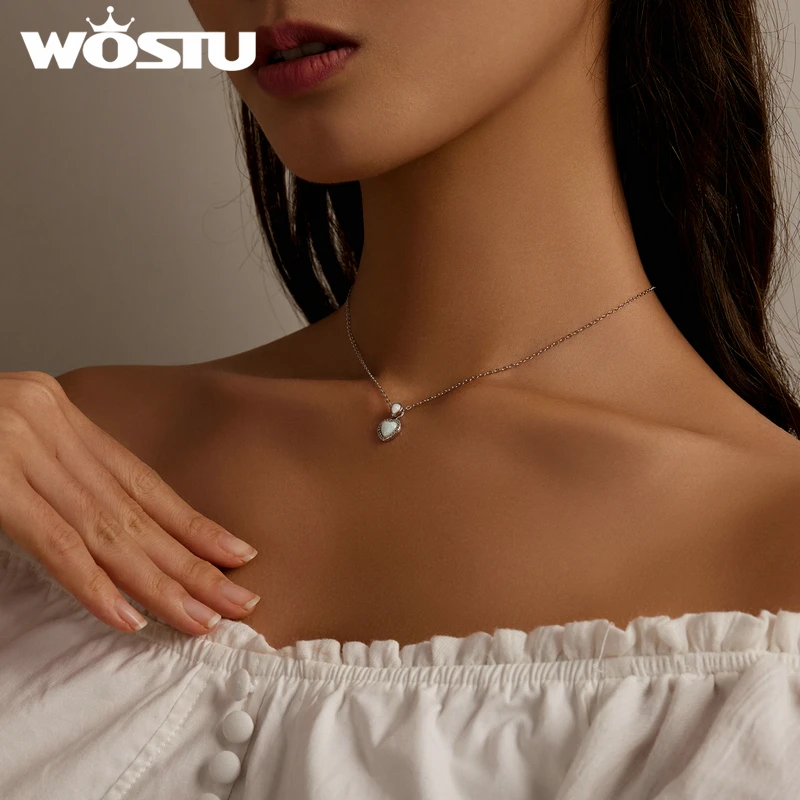 WOSTU 925 Sterling Silver Love Heart Fire Opal Charm Bracelet Chain Necklace for Women Sterling Silver Jewelry Wedding Gift