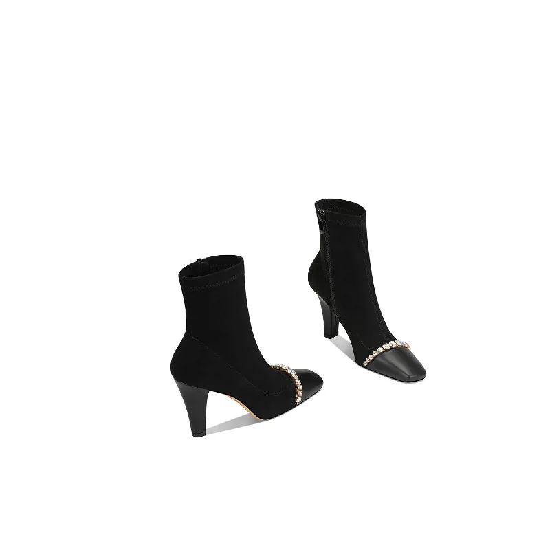 

Black Square Toe Chunky Heel Boots Women 2025 Autumn Winter Comfortable Stretchy Fashion