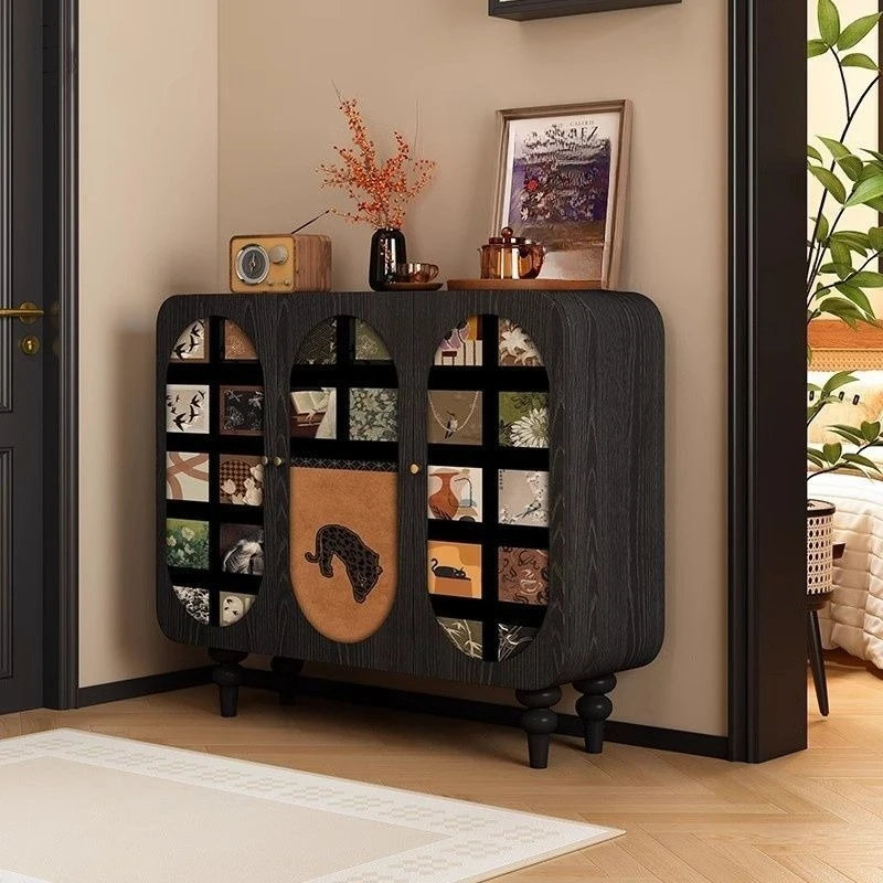 Retro cream solid wood dining side cabinet, living room decorative hallway cabinet, household wall storage cabinet, locker