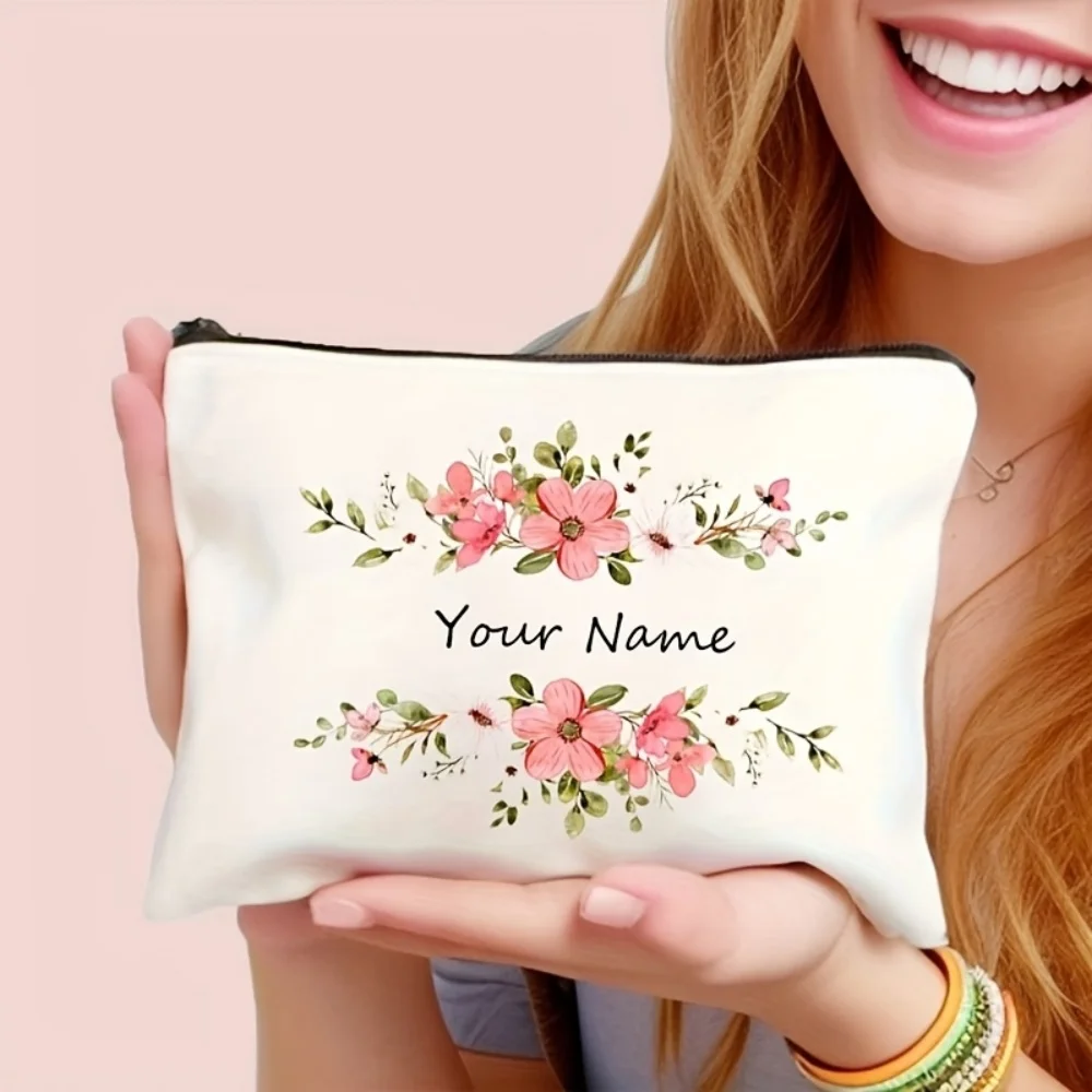 1Pc Custom Name/Text Floral Parttern Makeup Bag Double Sided Printed Cosmetic Pouch Travel Toiletry Organizer Storage Bags