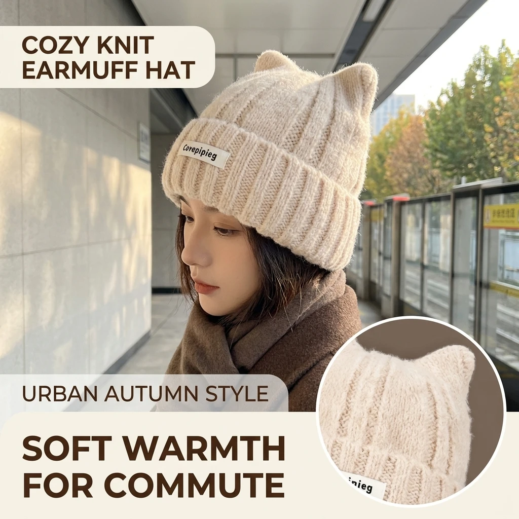 Cat Ear Beanie Hat Soft Cotton Blend for Winter Travel Thickened Warm Knitted Cap Fleece Lined Casual Hat