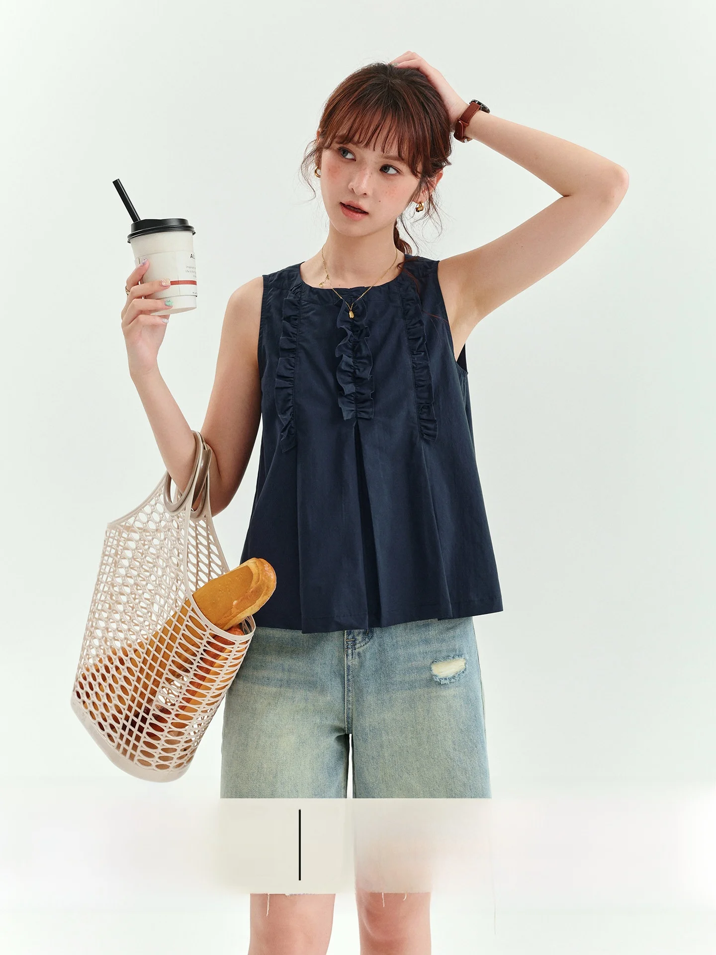 AMUU Original Wooden  Pleated Sleeveless Pure Cotton Shirt Women Summer New Loose Top Breathable Comfortable Korean Style