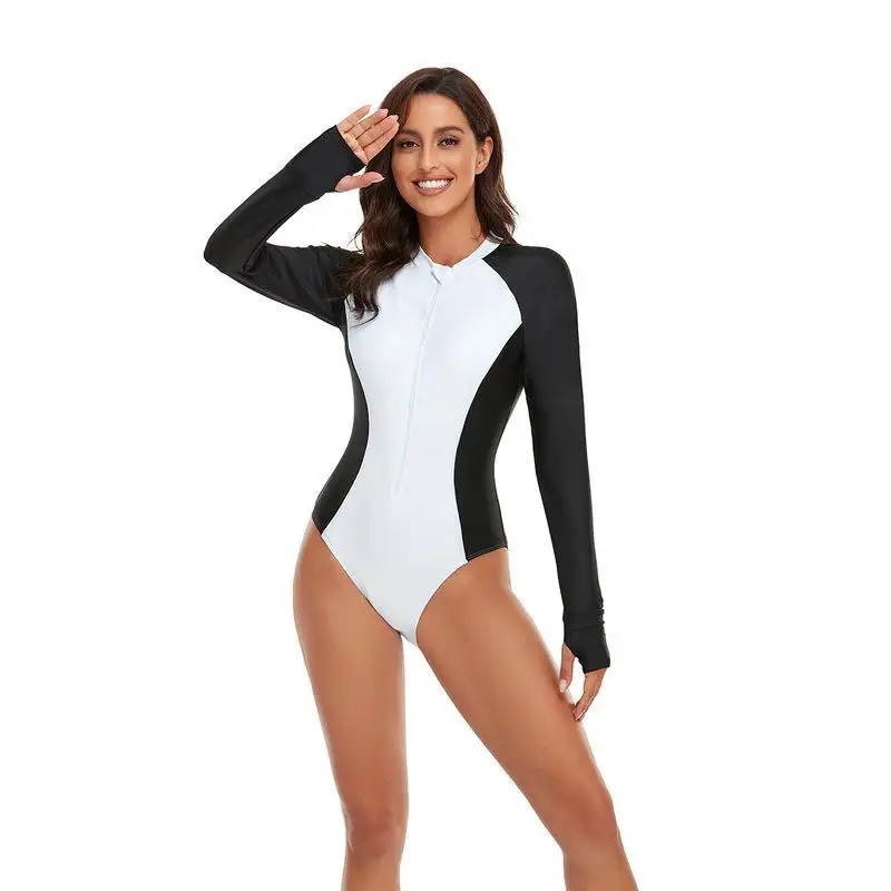 Bathing Suit Women European And American One-piece Swimsuit Sexy Tight Solid Color Zipper Long-sleeved Women's Sports Swimsuit