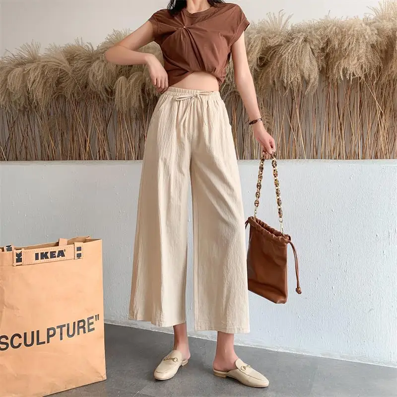 

Summer Wide-leg Pants for Women Cotton Linen Casual Loose Pants Ankle Length Drawstring Korean Style Capris Trousers Women