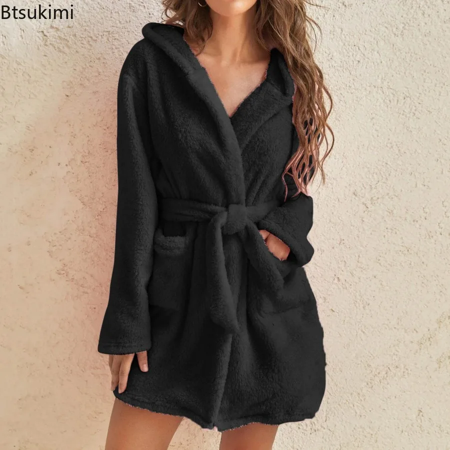 Women's Bath Robe Winter Fluffy Plush Pyjamas Ladies Sexy Hooded Dressing Solid Color Gown Warm Bathrobe Female Home Clothing