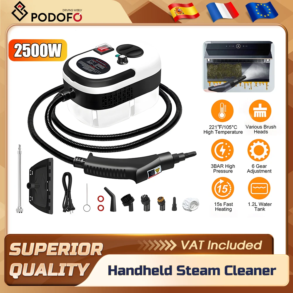 Nettoyeur vapeur portable Podofo 2500W, réservoir d'eau de 1,2L, 6 vitesses réglables, chauffe rapide en 15 secondes avec 11 accessoires