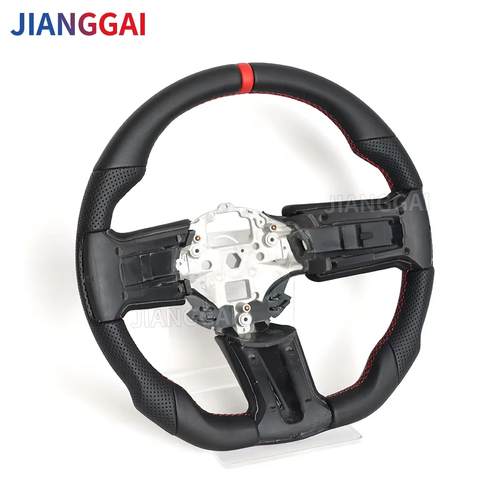 Full Leather Steering Wheel D-Shaped Flat-Bottom Non-heated Red Stitching Modified Steering Wheel Fit For Ford Mustang GT 2010-2014