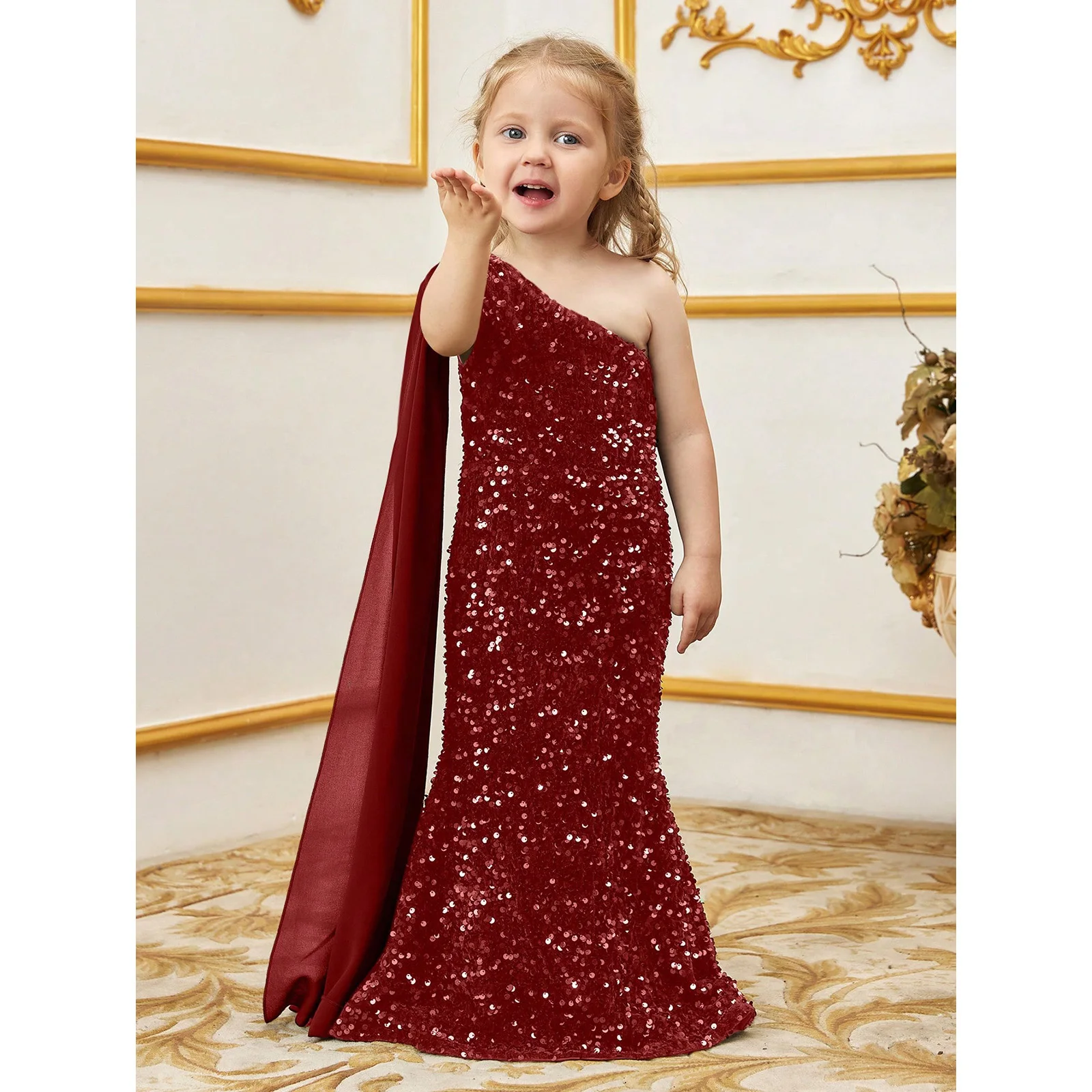 One-Shoulder Sequined Children's Evening Dress, Extra-Long Chiffon Sleeves, Fishtail Floor-Length Skirt.