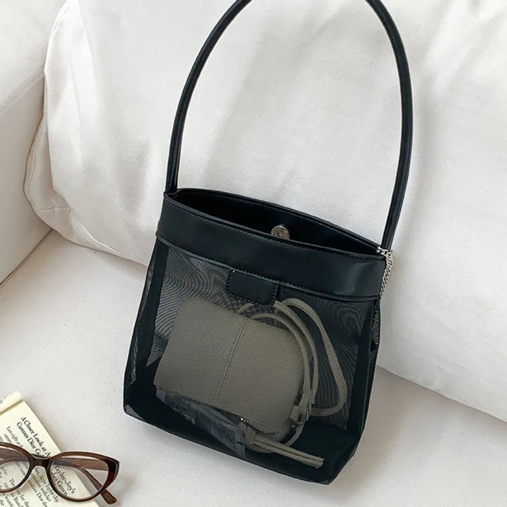 

Leisure Lightweight Mesh Bucket Bag Simple PU Leather Transparent Bag Large Capacity Commuting Single Shoulder Bag Girls