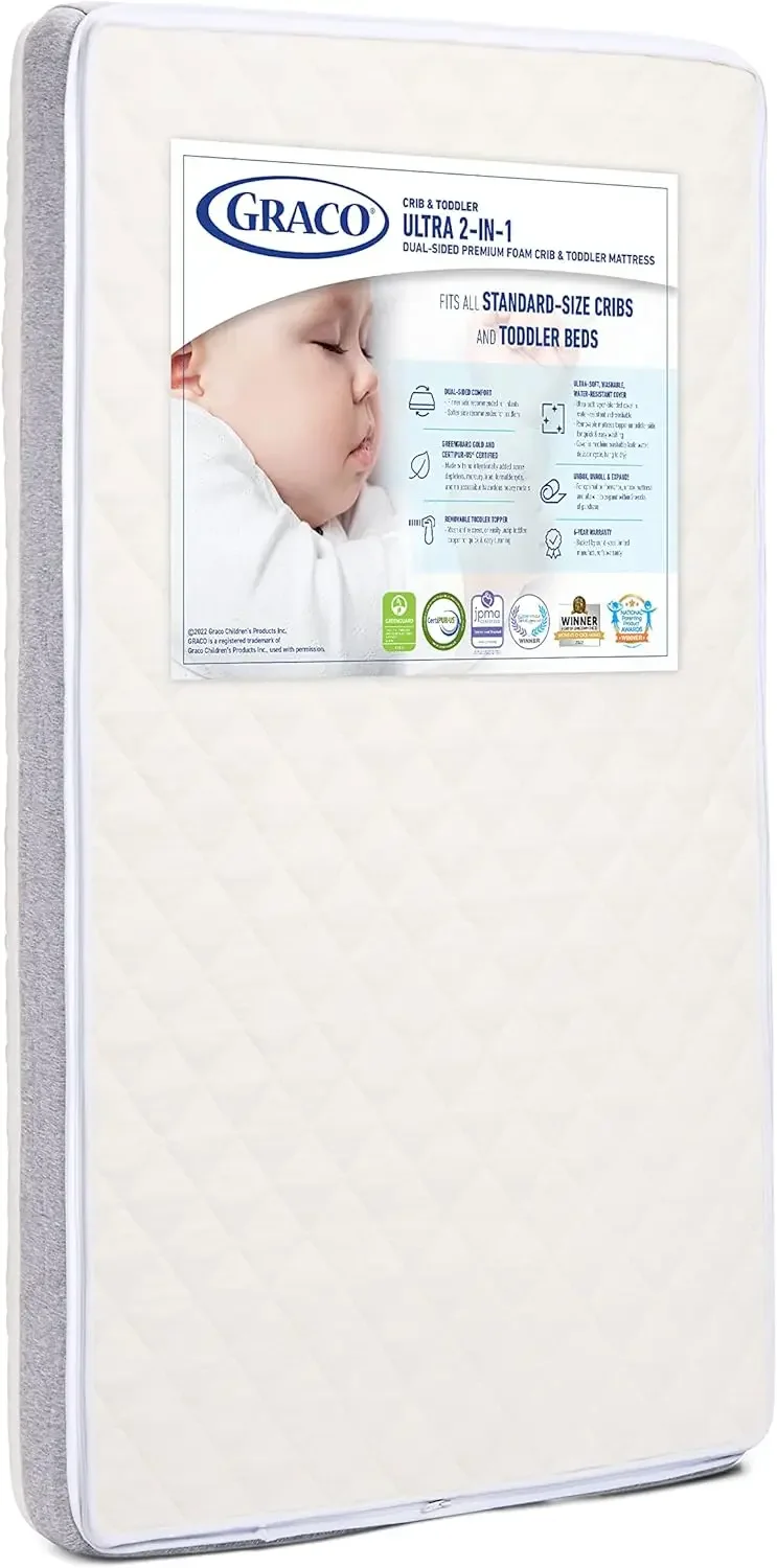 2-in-1 Premium Dual-Sided Crib & Toddler Mattress  Gold and  Certified,  Certified Foam, 2-Sided Mattress Fits Any Brand of Crib