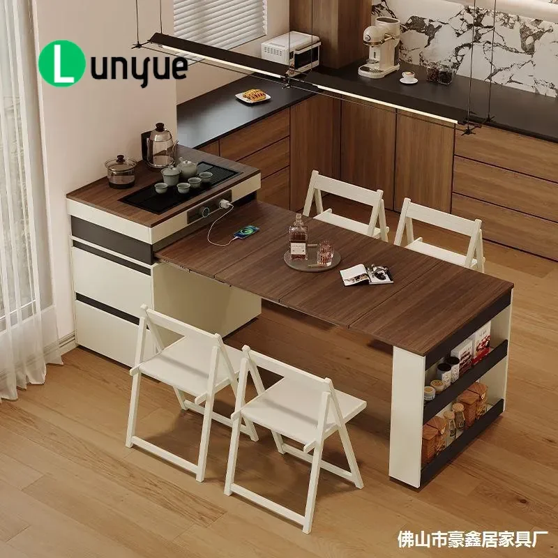 Cream Solid Wood Telescopic Folding Dining Table Multi-functional Extendable Kitchen Island for Small Apartment Restaurant