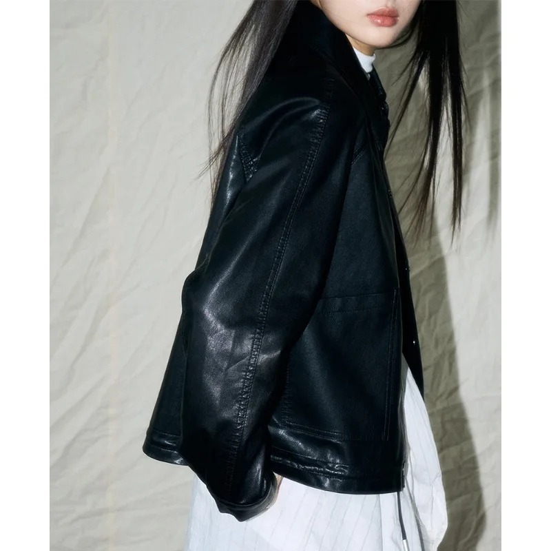 가을 신상 홍콩 스타일 레트로 캐주얼 빈티지 마이야르 스타일 오토바이 다용도 드로스트링 PU 재킷 패셔너블 쿨