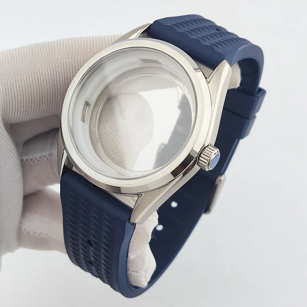 Custodia da 39 mm Custodia NH35 Custodia impermeabile in vetro zaffiro piatto Custodia con cinturino in caucciù Custodia da uomo di lusso adatta per custodia da 31 mm Custodia per orologio NH35