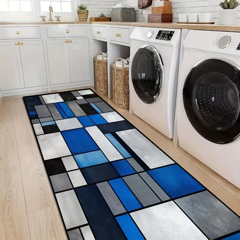 VIKAMA Blue Grey Geometric Runner Rug Non Skid Washable Hallway Carpet Modern Luxury Style Kitchen Floor Decor Mat