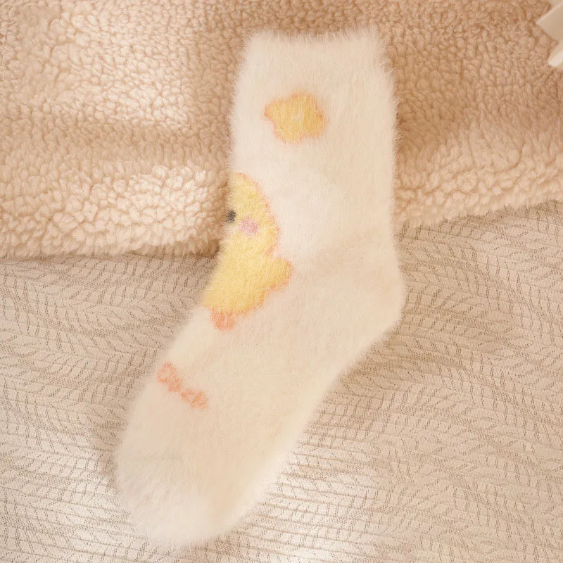 Women's Socks Middle Tube Autumn Winter Warm Cute Kawaii Duck Socks Fluffy Mink Velvet Home Floor Coral Velvet Sleeping Socks