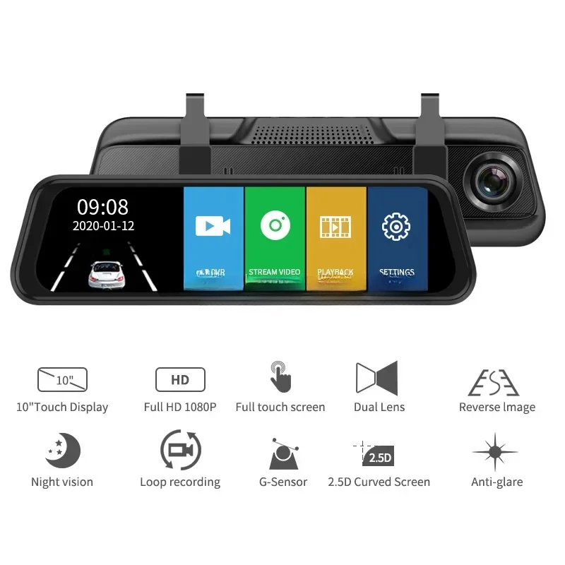 Manufacture Car Video Recorder 1080P Dual Lens Dvr Dash Cam 10 Inch Touch  Streaming Rear View Mirror Car DashCamera