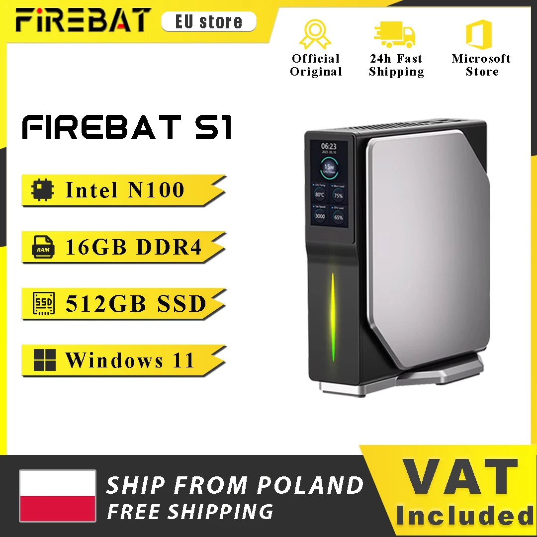 FIREBAT S1 Mini PC Intel Alder Lake N100 DDR4 16GB RAM 512GB SSD Windows 11 Computer desktop BT4.2 Dual HDMI Smart Screen