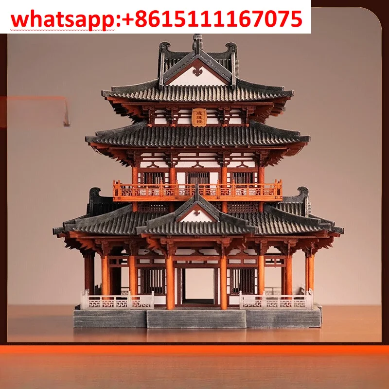 Handmade Wooden Tenon-and-Mortise Ancient Architecture Model, Oriental Mini Decor Craft Ornament