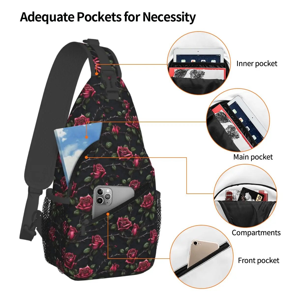 Red Roses Floral Pattern Chest Bag Men Sling Crossbody Backpack Chest Bag Traveling Hiking Daypack Shoulder Bag