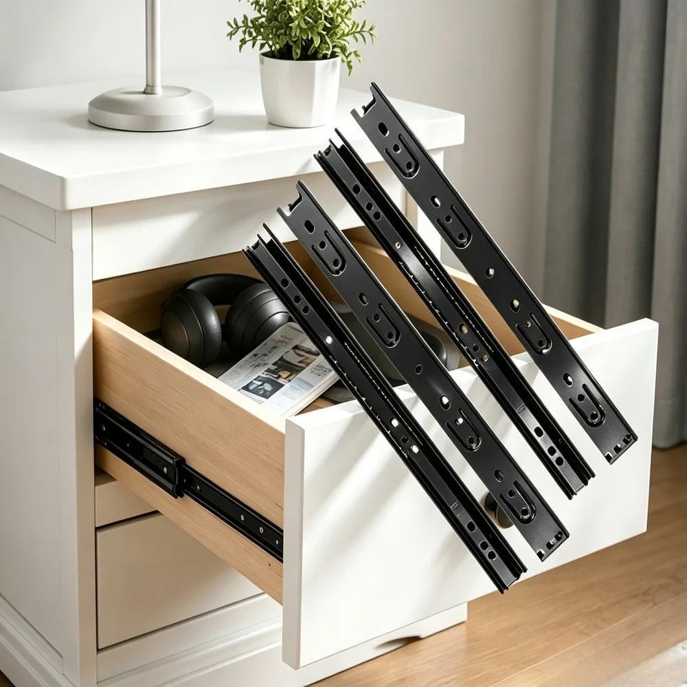 4Pcs Heavy-Duty Three-Section Full Extension Drawer Slides, 28mm Wide Black Silent Soft-Close Ball-Bearing Slide Rails, Smooth Sliding, Replacement Hardware Accessories for Cabinet, Dresser, Desk, and Furniture Modification.